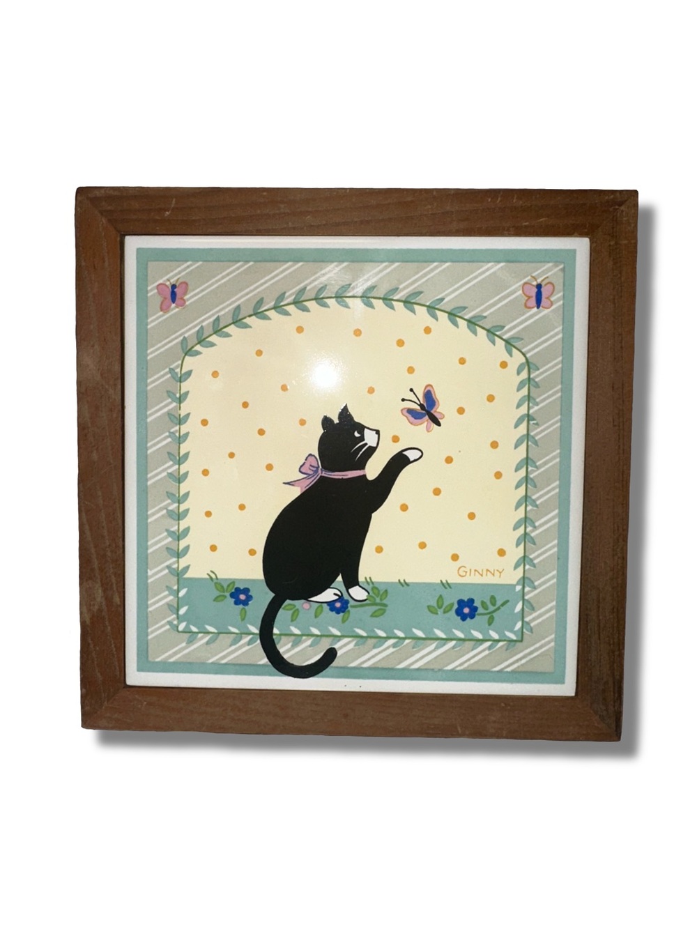 Vtg Framed Ceramic Cat Tile